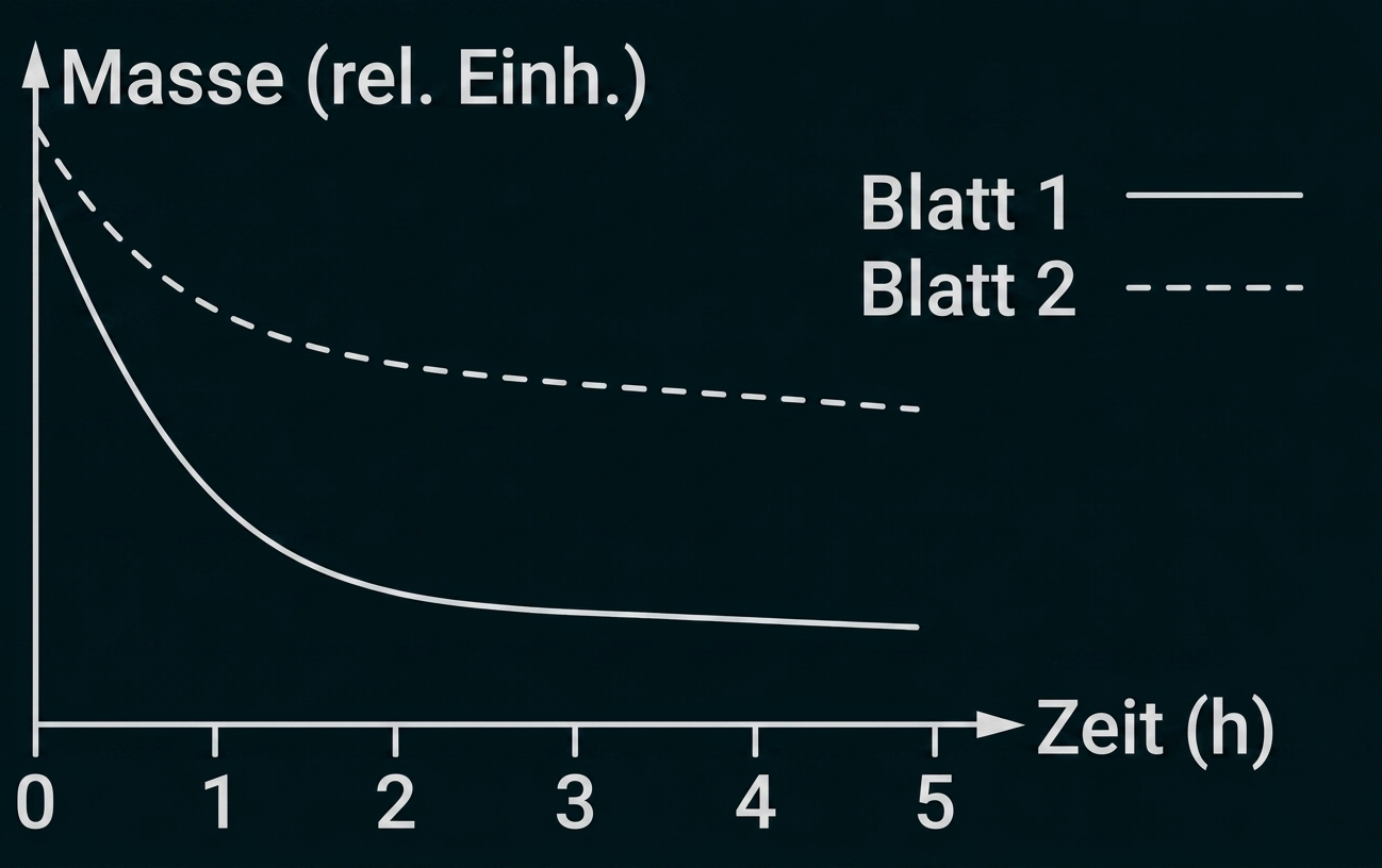 Diagramm mit zwei fallenden Kurven zu Masse über Zeit.